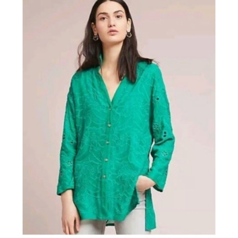Anthropologie Akemi + Kin Womens S Blouse Shirt Green Boho Coastal Beach Casual‎